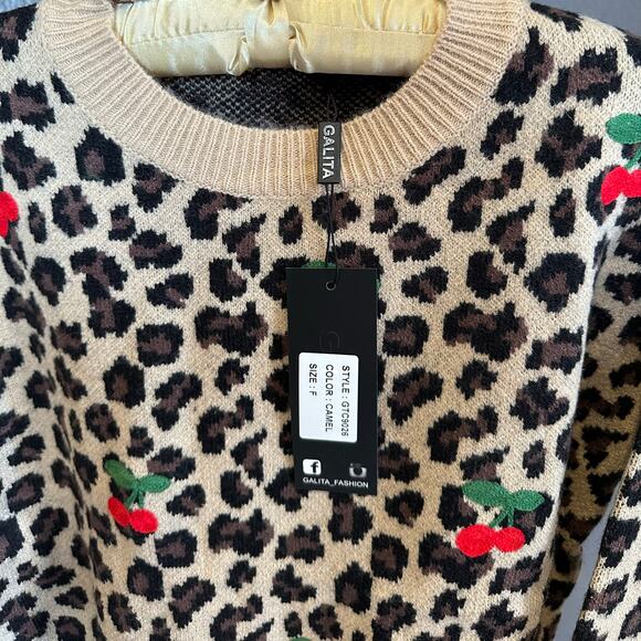 New! Leopard & Embroidered Cherry Crewneck One-Size Sweater Measurements Below - Picture 6 of 16